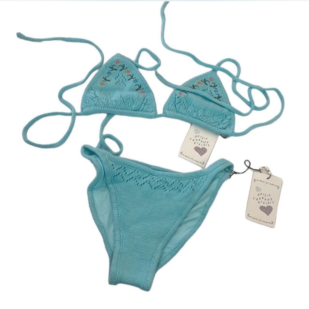 Frankies Bikinis x Guizio Aqua Embroidery Knit Crochet Bikini